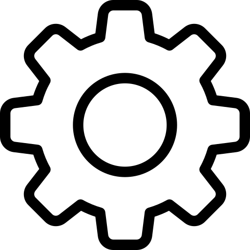 Black and white symbol of a gear.