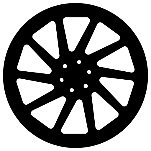 Black and white symbol of a car tyre rim.